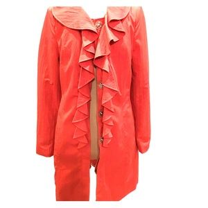 CORAL TRENCH COAT WITH RUFFLE FRONT